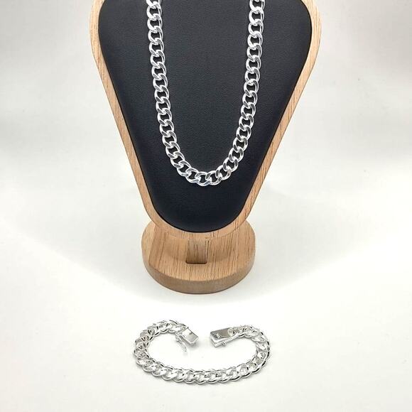 925 Silver Miami Cuban Chain Necklace & Bracelet Set Valentines Birthday Gift - Picture 4 of 7